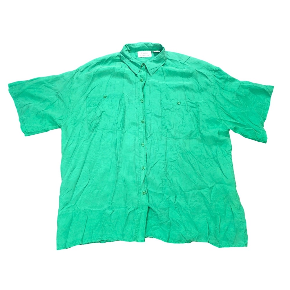 Laura Katherine 100% Silk Button Down Shirt Women's Size 22W Green Short Sleeve